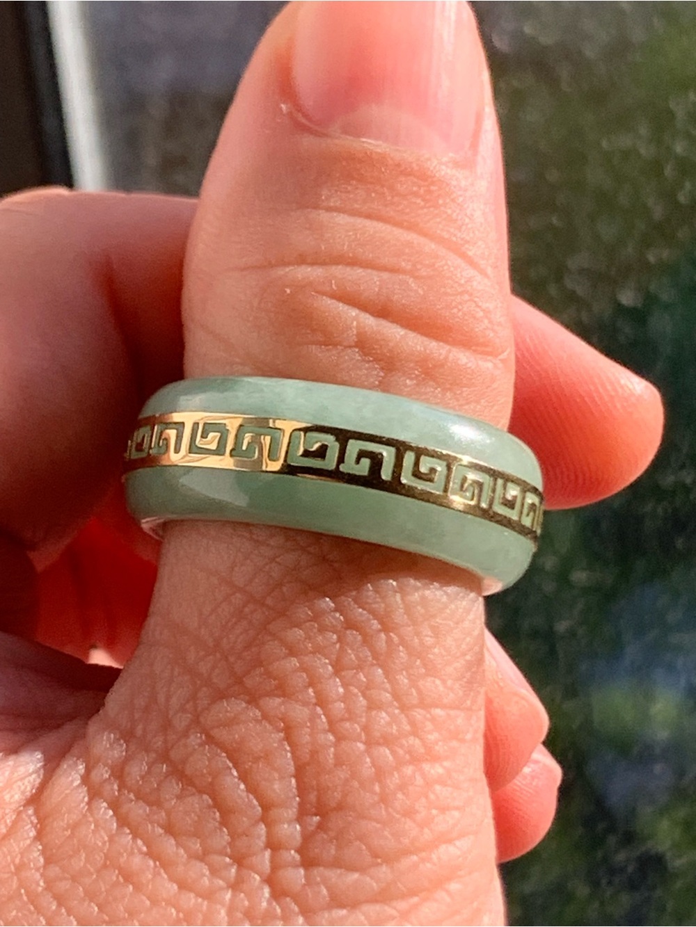 Green Jade-Inlay Ring with 14k Gold Greek Key Accent